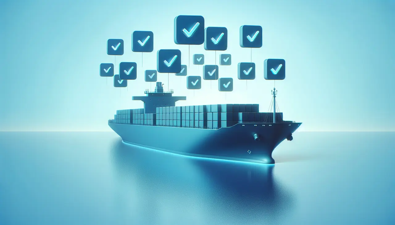 Draw a graphic in flat design style. An image of a cargo ship with checkmark icons floating above it to signify compliance.