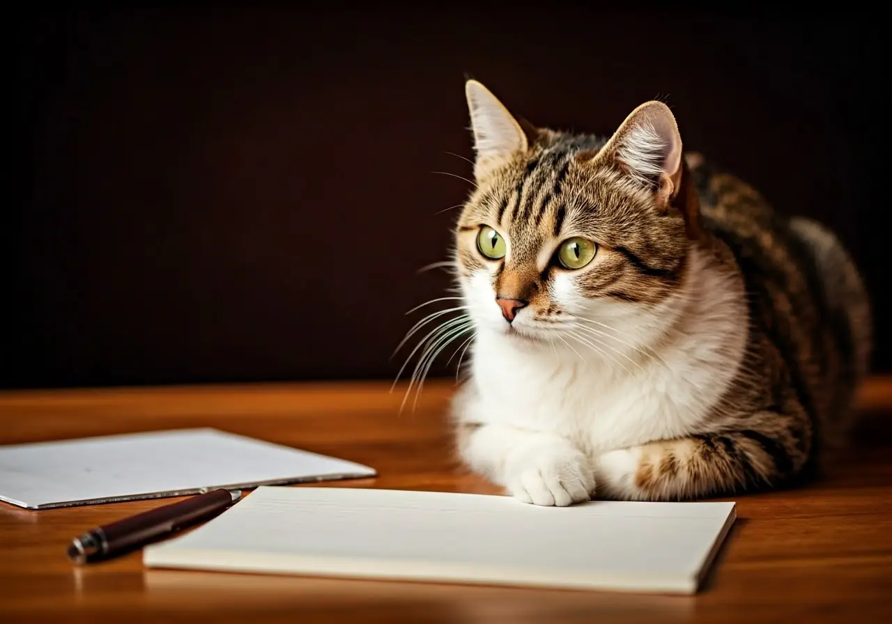 Close-up of a cat sitting near a notepad and pen. 35mm stock photo