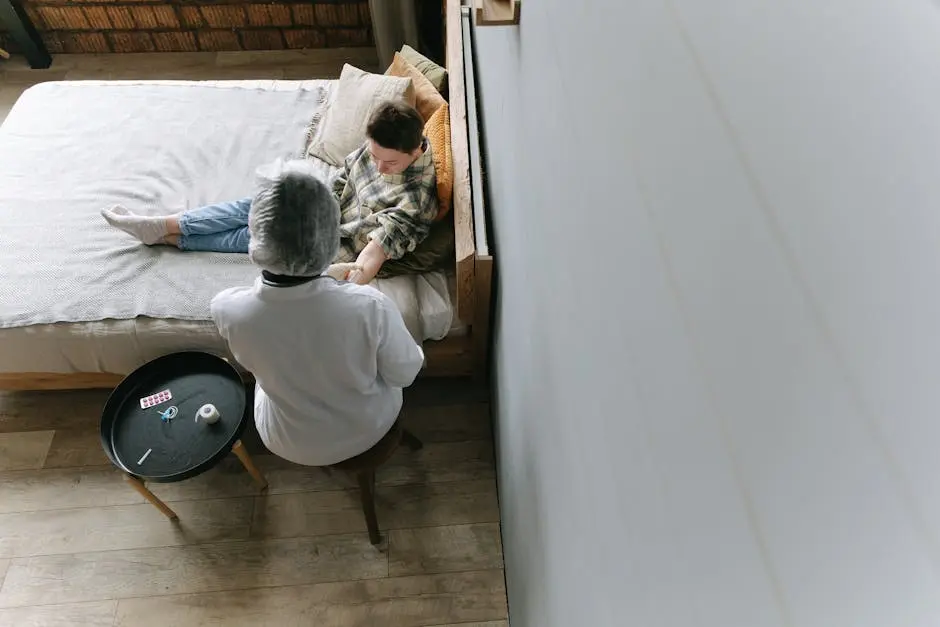 A doctor tends to a young patient in a cozy bedroom environment.