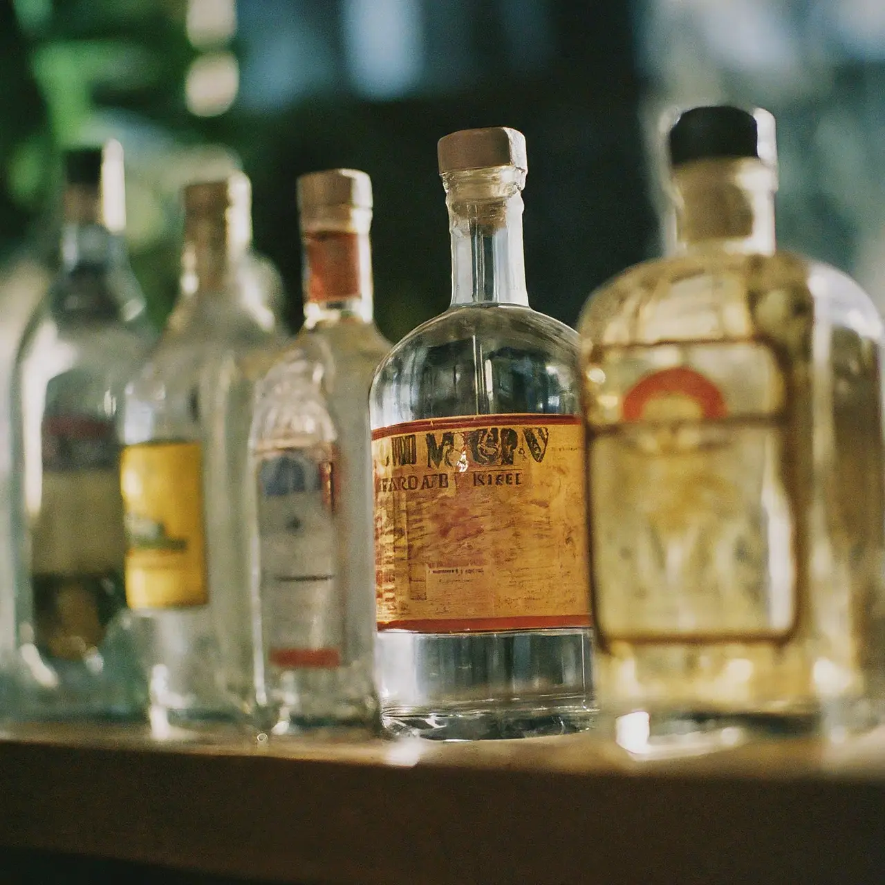 A variety of tequila bottles elegantly displayed on a shelf. 35mm stock photo