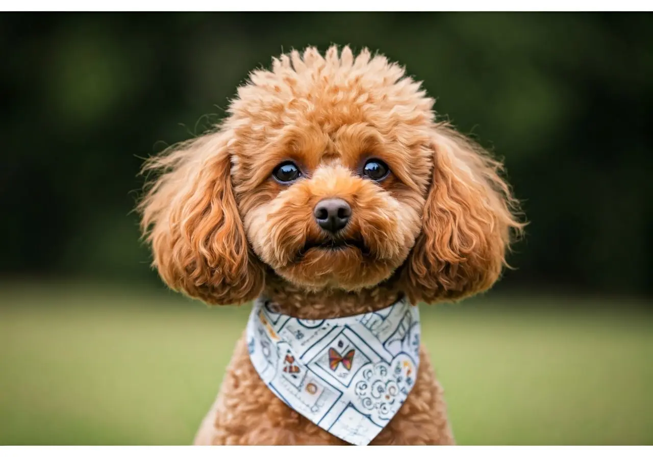 A cute toy poodle wearing a stylish bandana and collar. 35mm stock photo