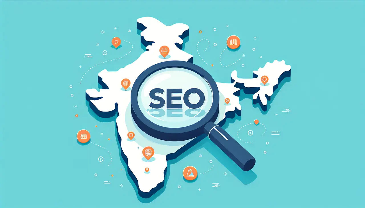 Draw a graphic in flat design style. Create an image of a magnifying glass highlighting the letters SEO on a map of India, with small icons representing different business opportunities scattered around.