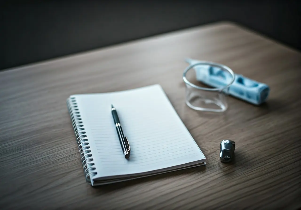 Bariatric surgery tools and a notebook on a desk. 35mm stock photo