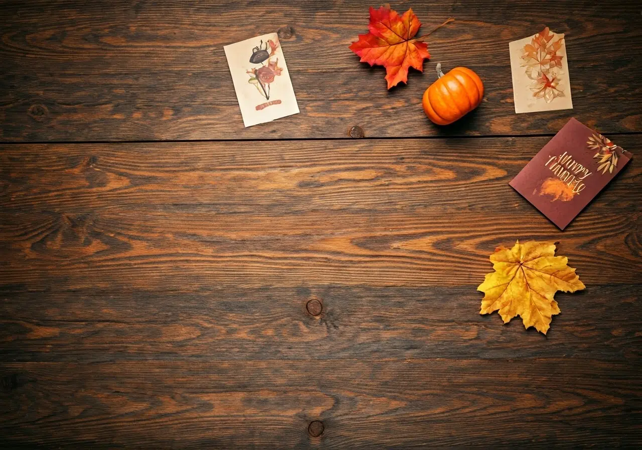 A rustic table with autumn-themed Thanksgiving cards scattered around. 35mm stock photo