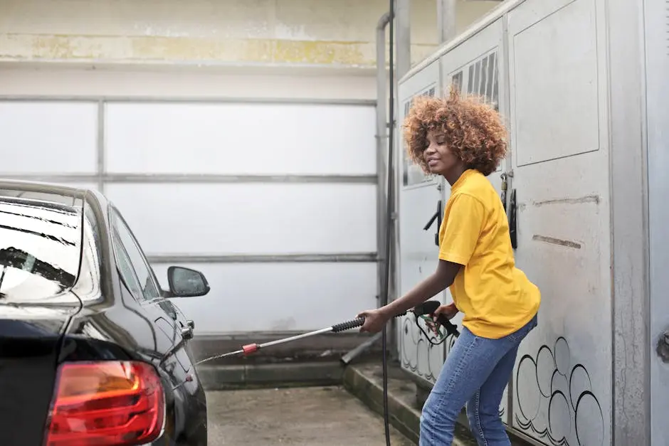 Smiling woman in yellow shirt uses power spray to wash black car outside.