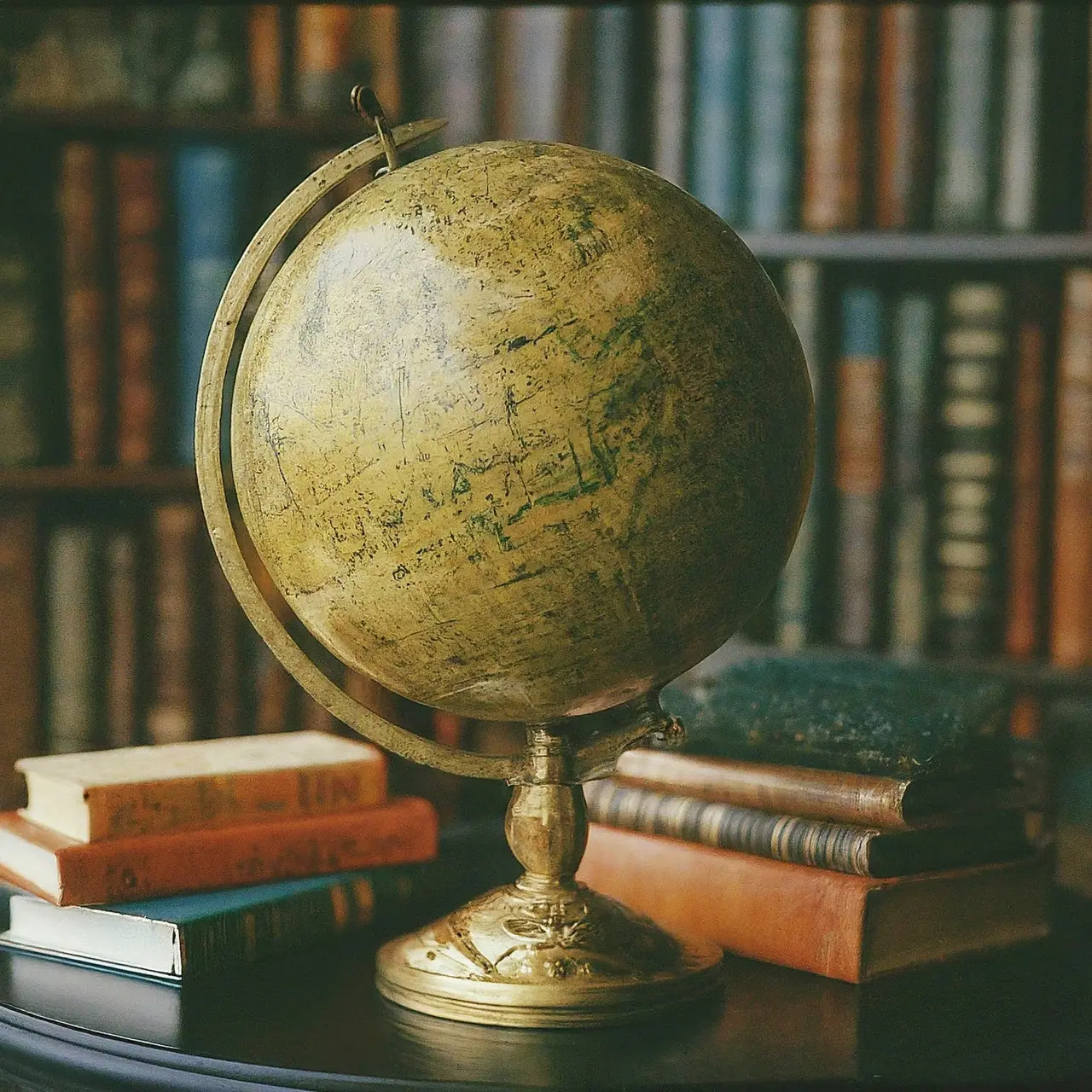 A globe surrounded by diverse cultural symbols and etiquette books. 35mm stock photo