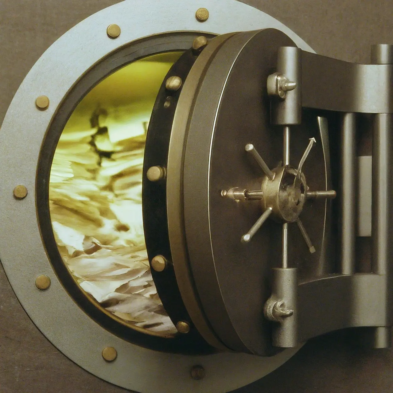 A sturdy vault door opening to reveal financial documents inside. 35mm stock photo