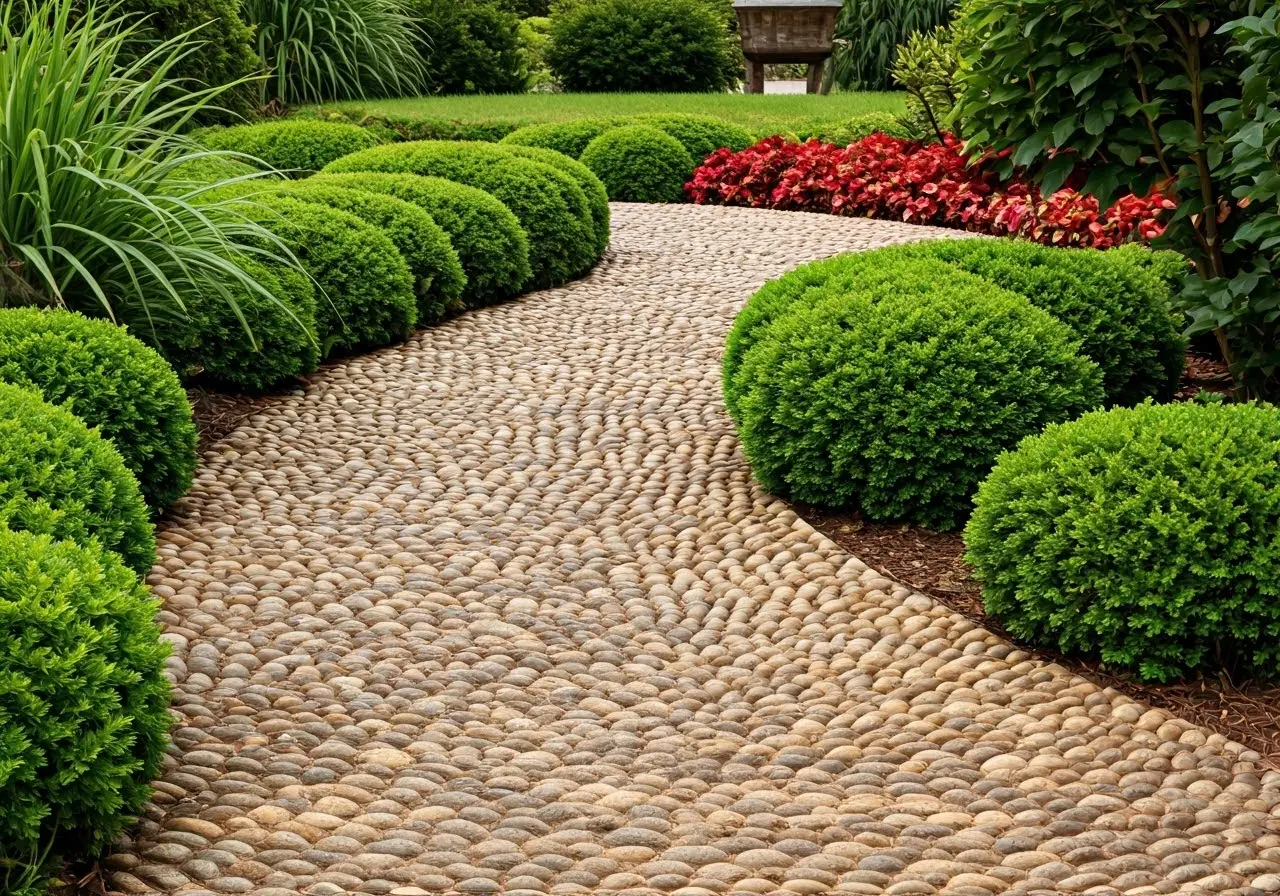 A well-designed pebble walkway winding through a garden. 35mm stock photo