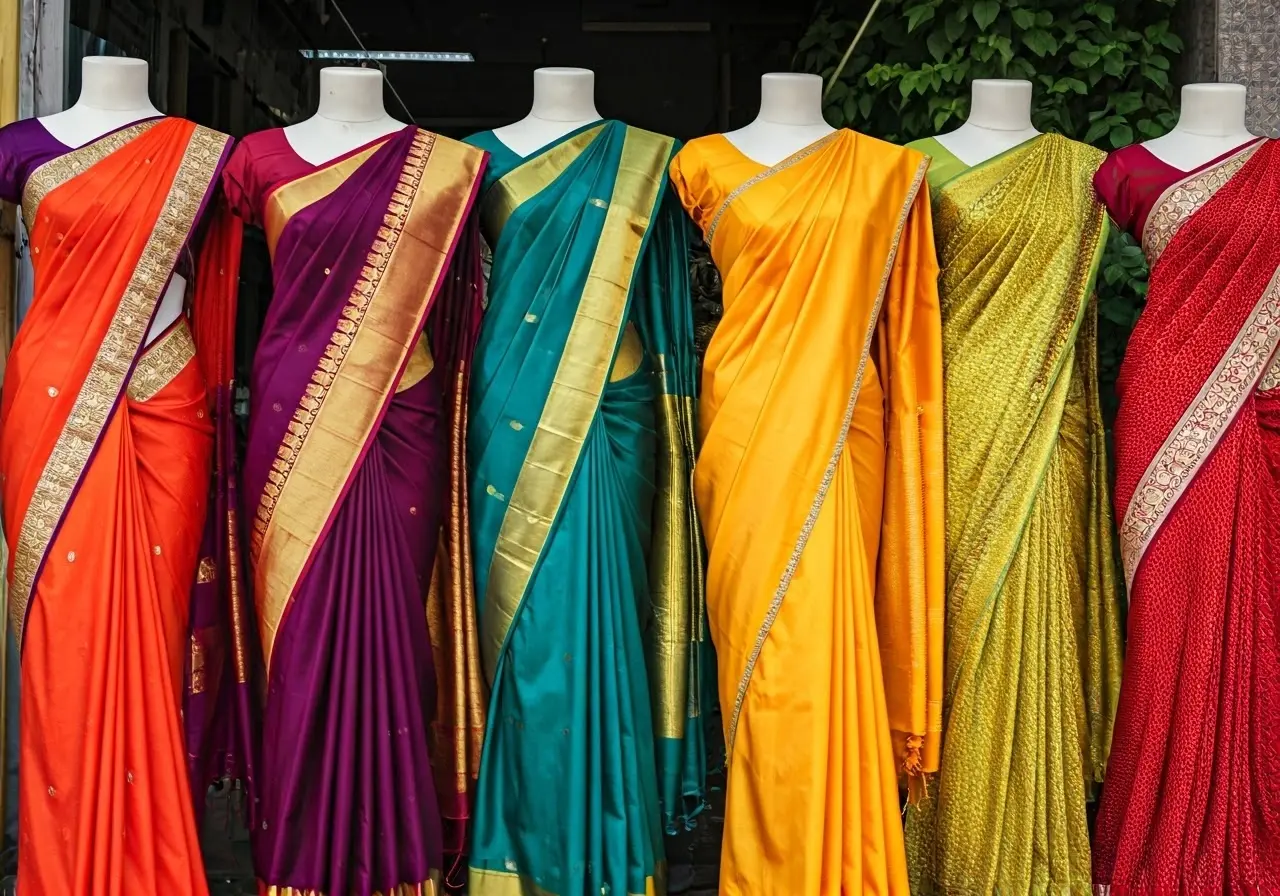 A colorful display of various traditional sarees on mannequins. 35mm stock photo