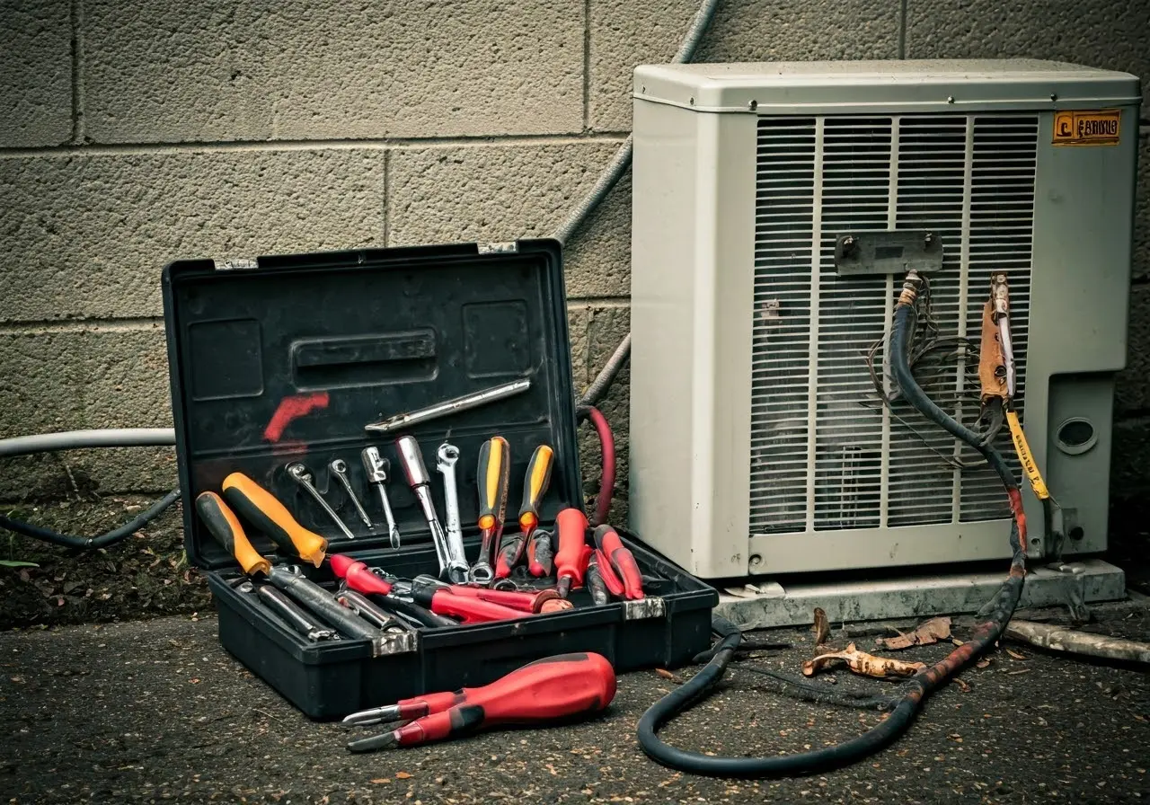 A toolbox with various repair tools next to an AC unit. 35mm stock photo