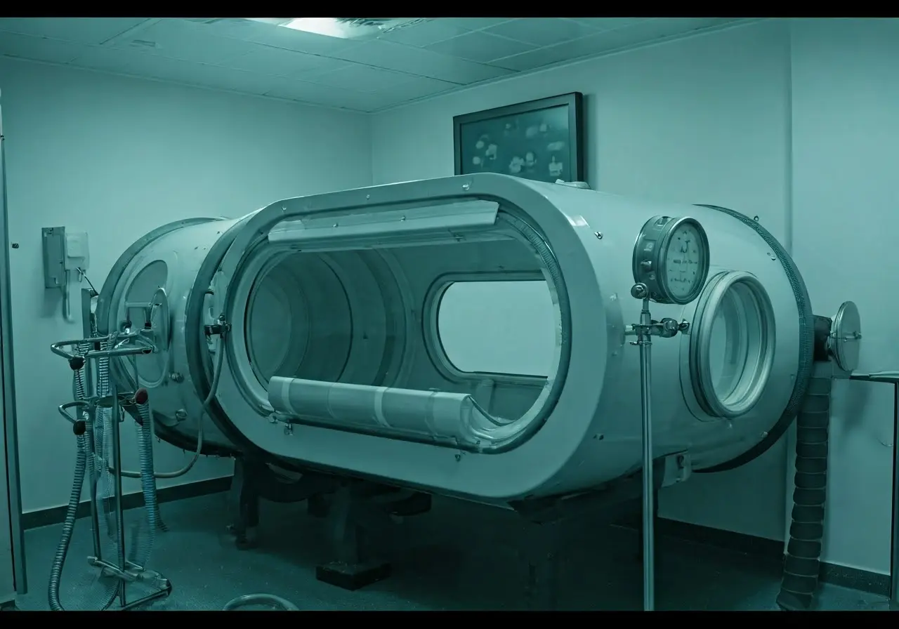 A hyperbaric oxygen chamber in a medical facility. 35mm stock photo