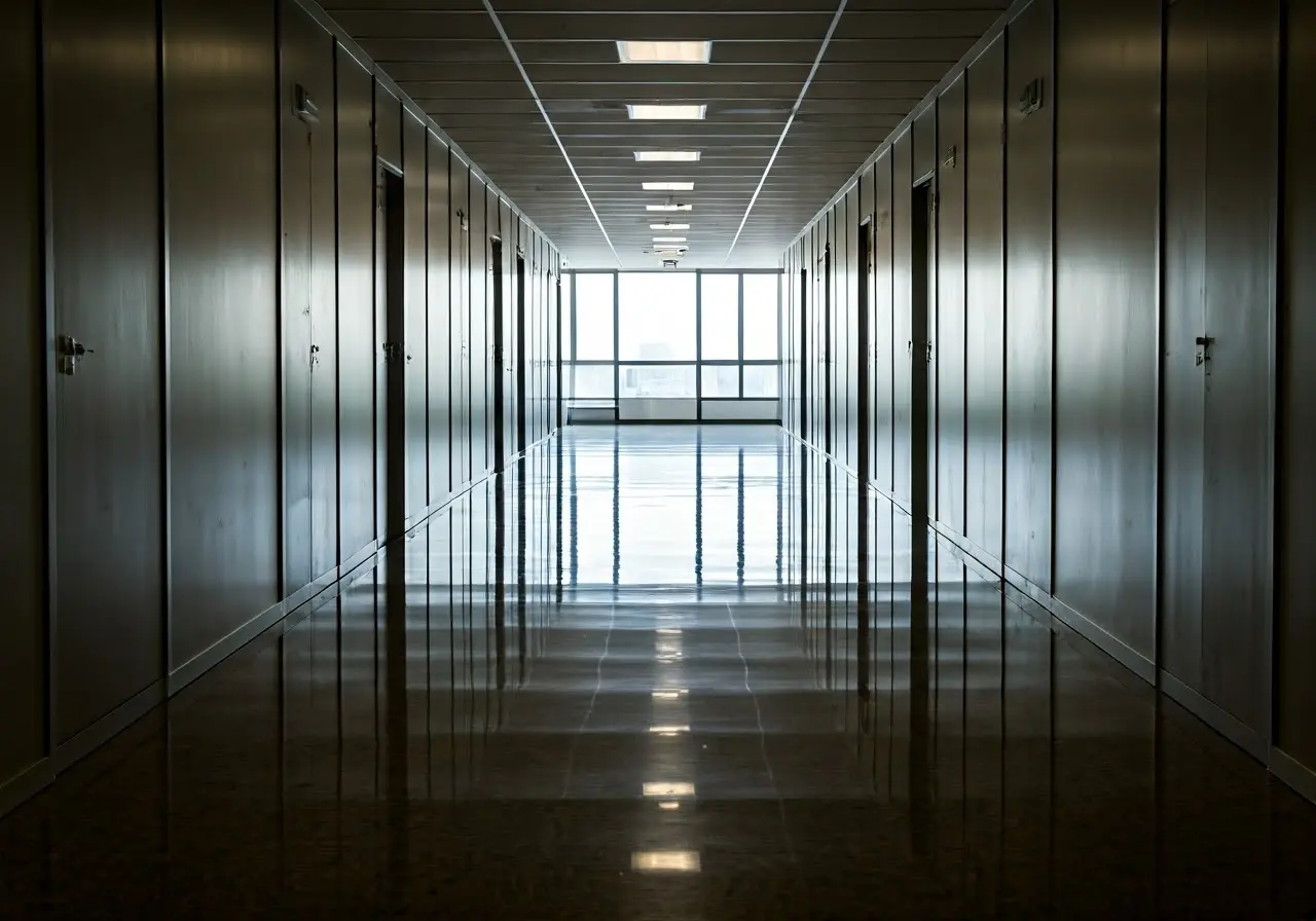 A spotless office hallway with polished floors and sparkling windows. 35mm stock photo