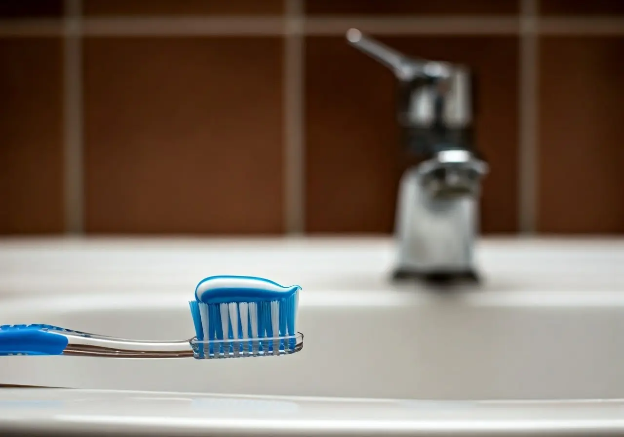 A toothbrush and toothpaste on a clean, white sink. 35mm stock photo