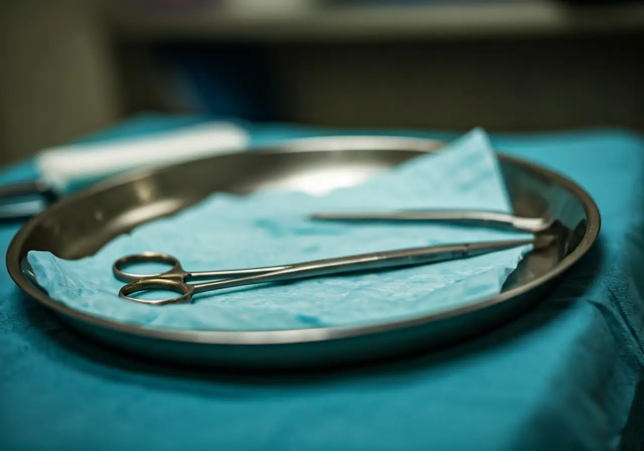 Surgical tools on a sterilized tray in a dental clinic. 35mm stock photo