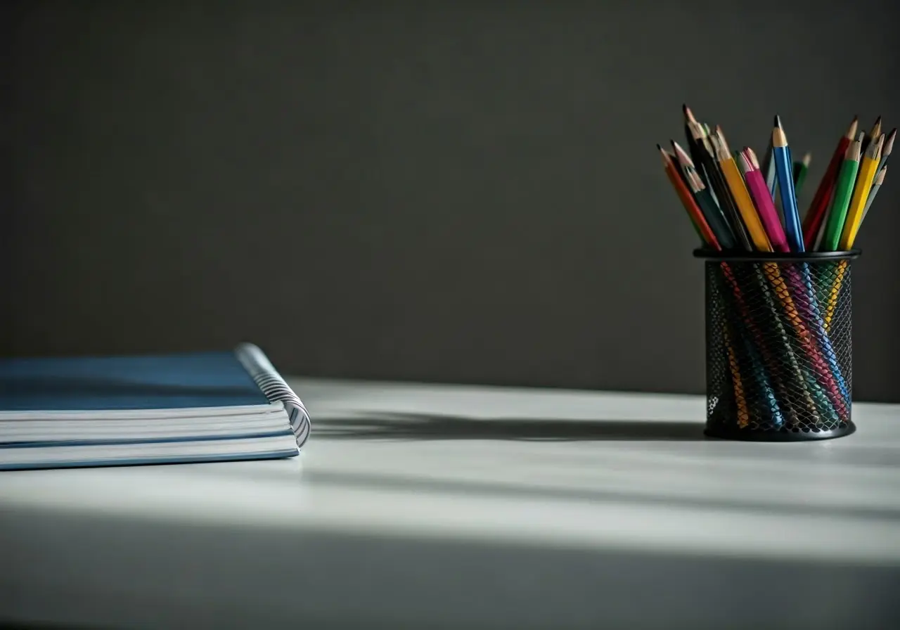 A clean, organized office desk with shining surfaces and supplies. 35mm stock photo