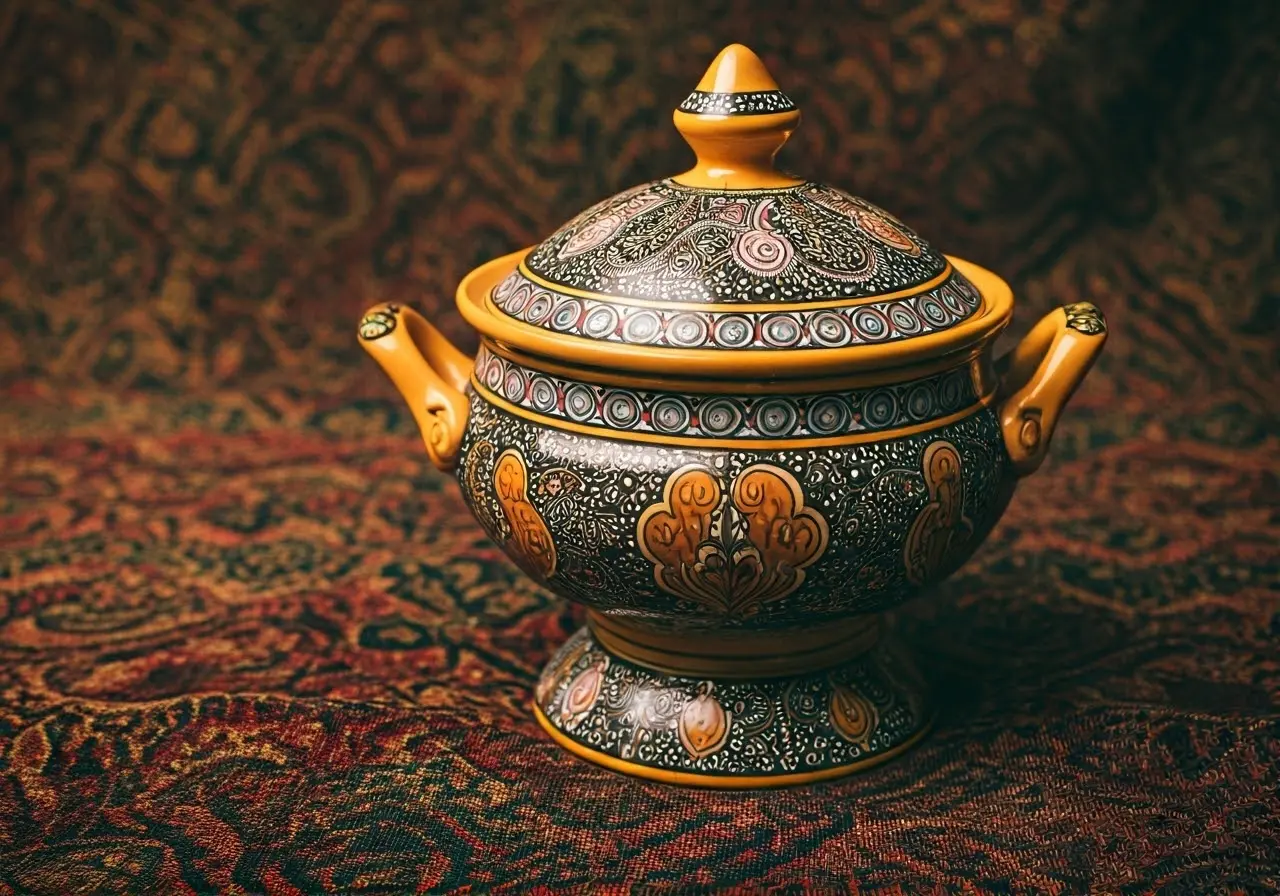 Ornate Orisha soup tureen displayed on a rich tapestry. 35mm stock photo