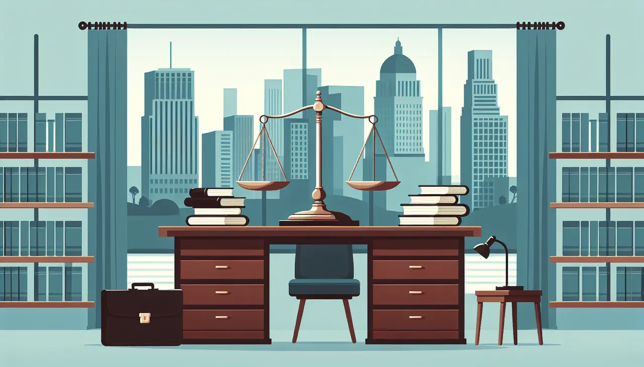 Draw a graphic in flat design style. A flat design illustration of a scale of justice balanced on a desk, with a briefcase and law books, set against a background of the Torrance city skyline.