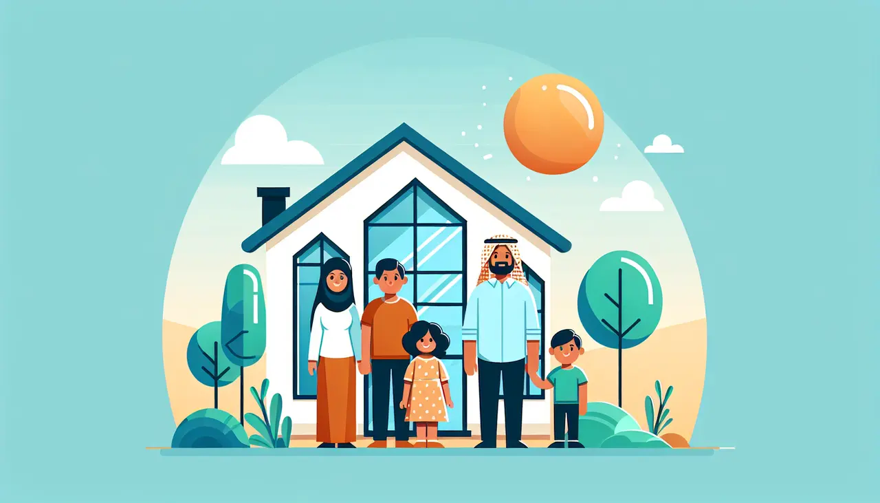 Draw a graphic in flat design style. A modern house with a clear, sunny sky, featuring a sturdy roof and a happy family standing outside.