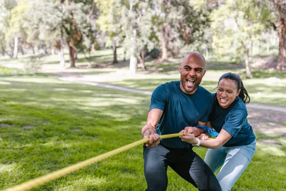 Engaged adults playing tug of war, showcasing teamwork and fun outdoors.