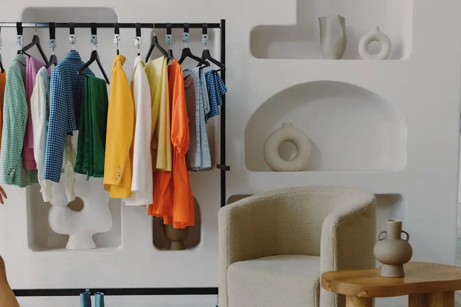 A colorful variety of clothes hanging on a rack inside a contemporary room with artistic decor.