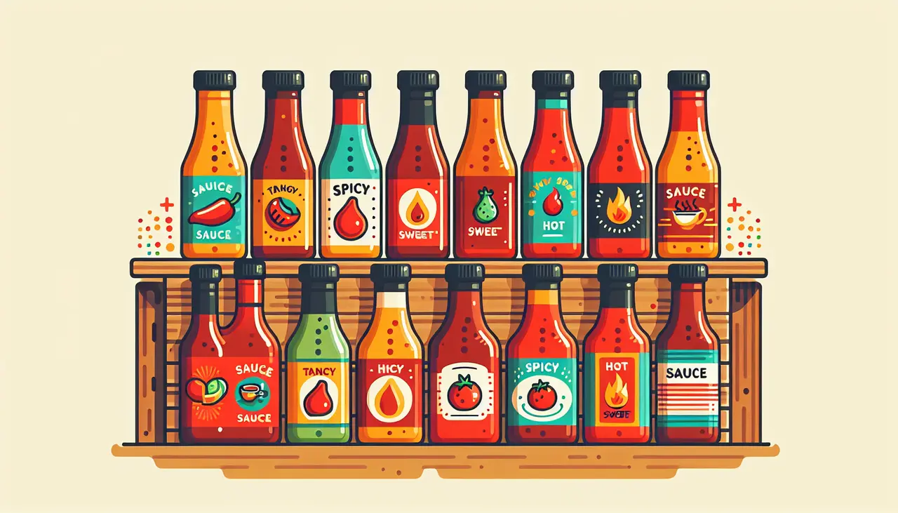 Draw a graphic in flat design style. Illustrate a collection of colorful sauce bottles with diverse labels, arranged neatly on a shelf.