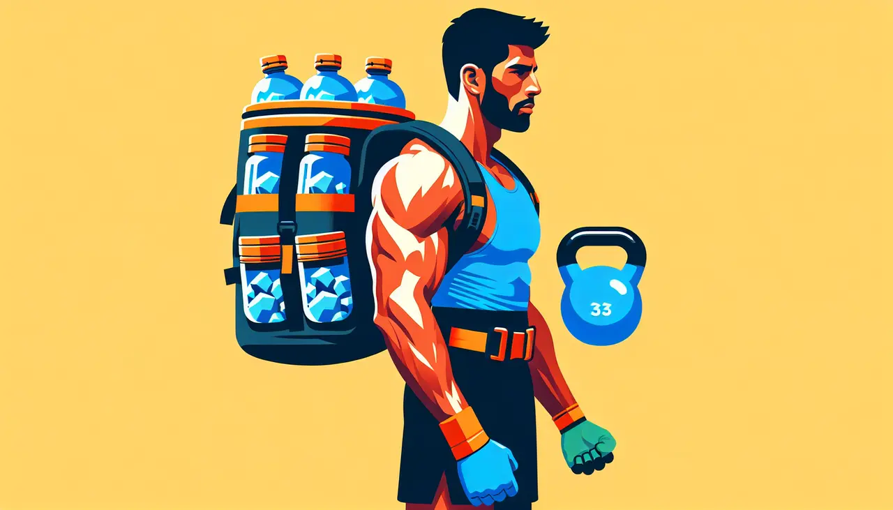 Draw a graphic in flat design style. A vibrant flat design image of a person wearing a training rucksack filled with water weights, lifting a kettlebell.