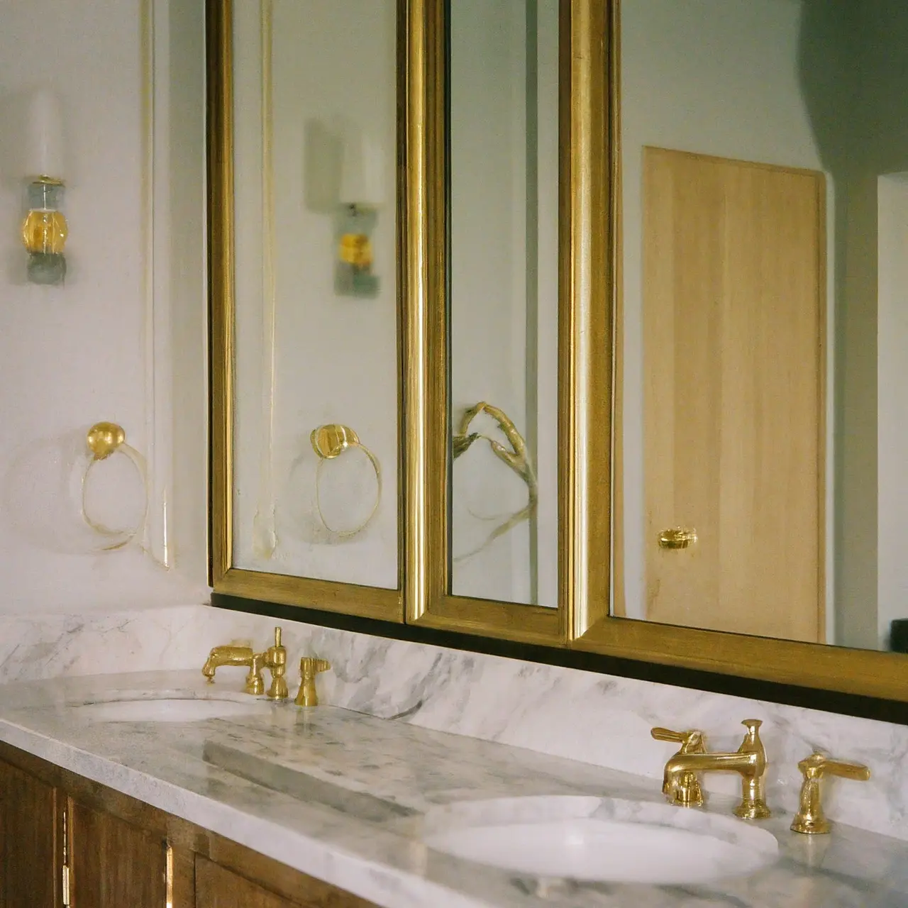 Luxurious bathroom with marble countertops and gold fixtures. 35mm stock photo