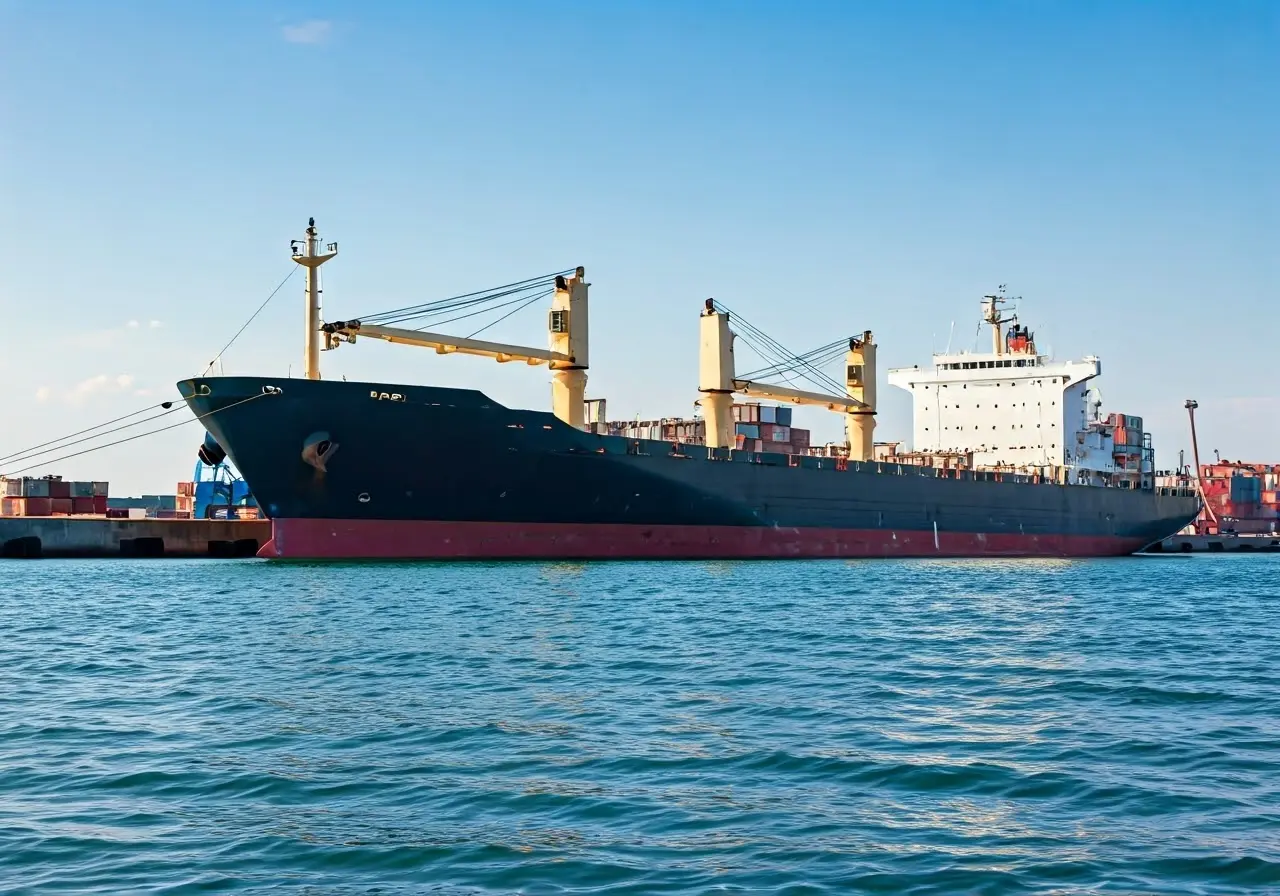 A cargo ship docking at a busy international port. 35mm stock photo