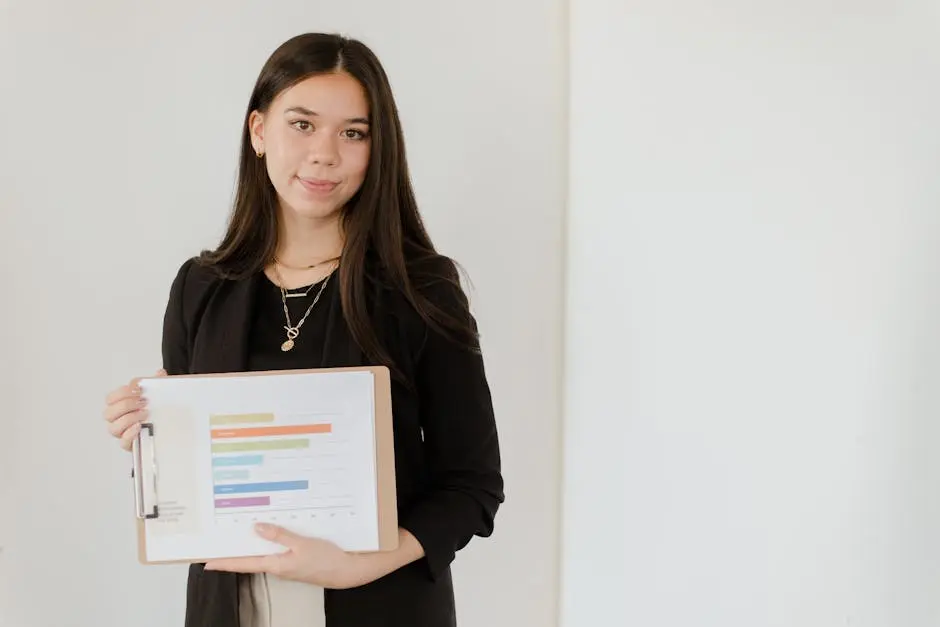 Confident businesswoman presenting a colorful bar graph on a clipboard.