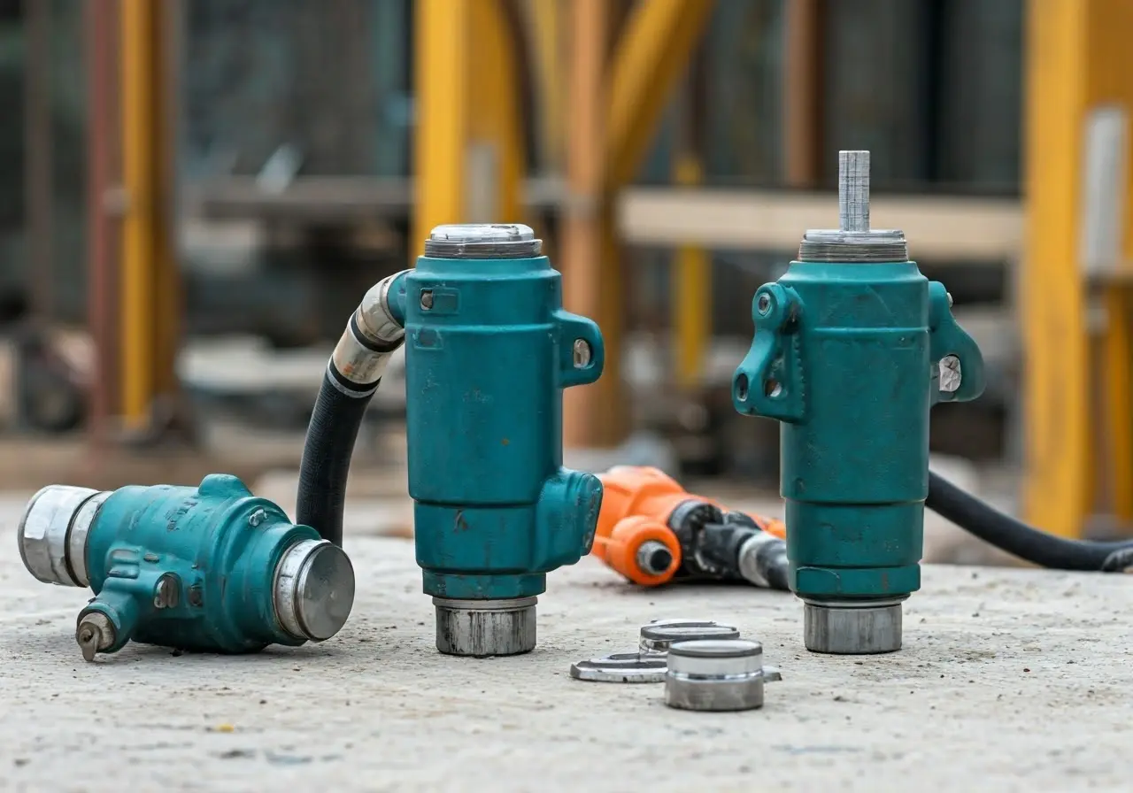 Modern pneumatic tools displayed on a construction site background. 35mm stock photo