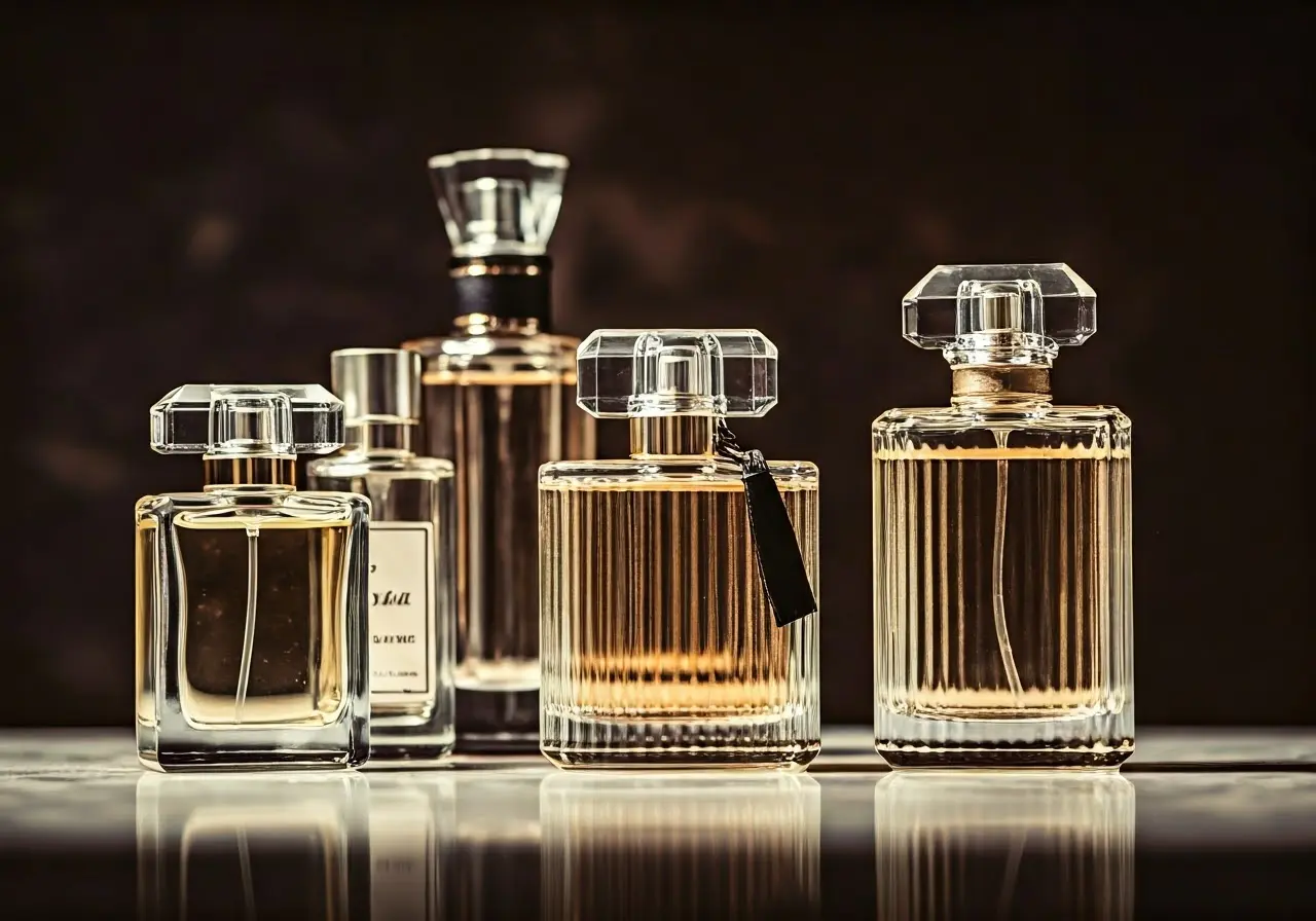 A collection of elegant perfume bottles on a marble countertop. 35mm stock photo