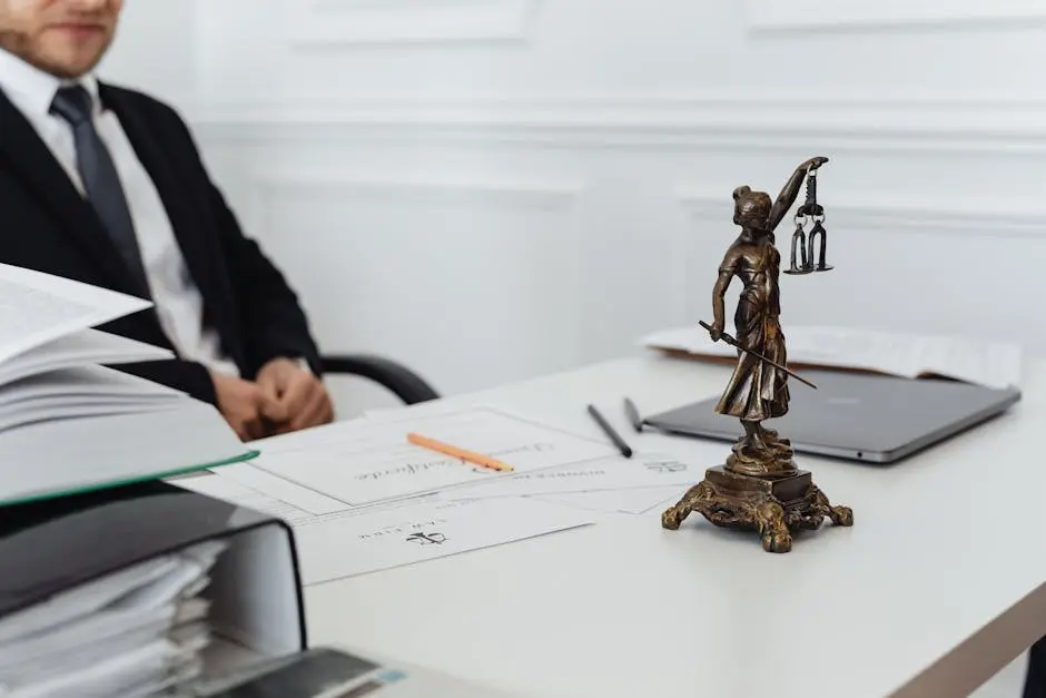 A legal professional’s workspace featuring Lady Justice statue, documents, and a laptop.