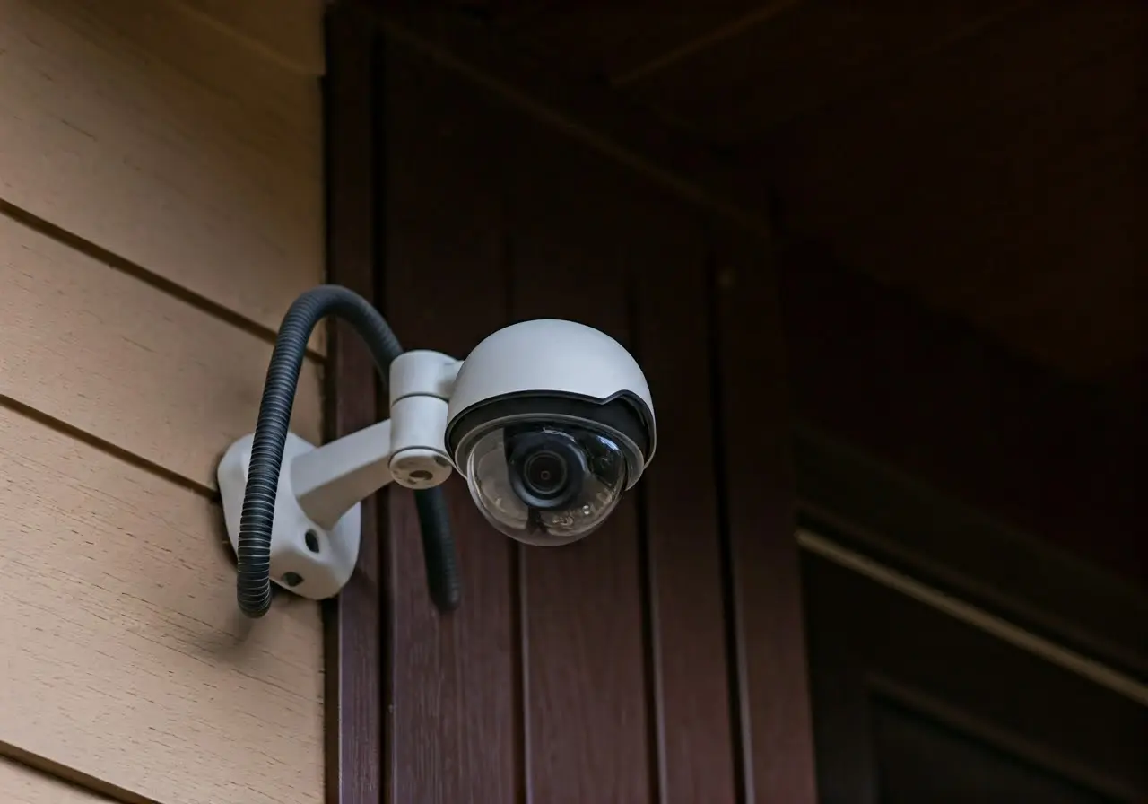 A security camera mounted on a home’s exterior wall. 35mm stock photo