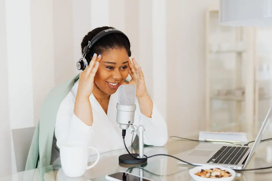 Woman Wearing Headphones Looking at Laptop and Smiling