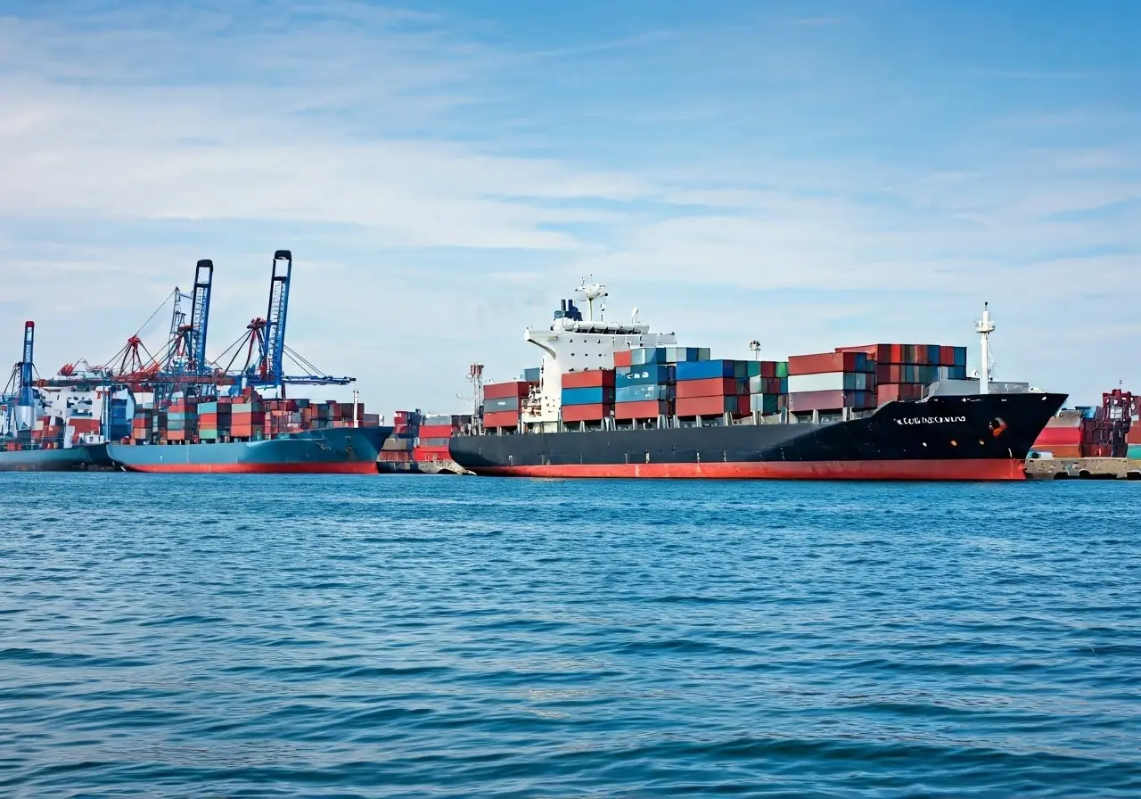 Cargo ships in a busy international shipping port. 35mm stock photo