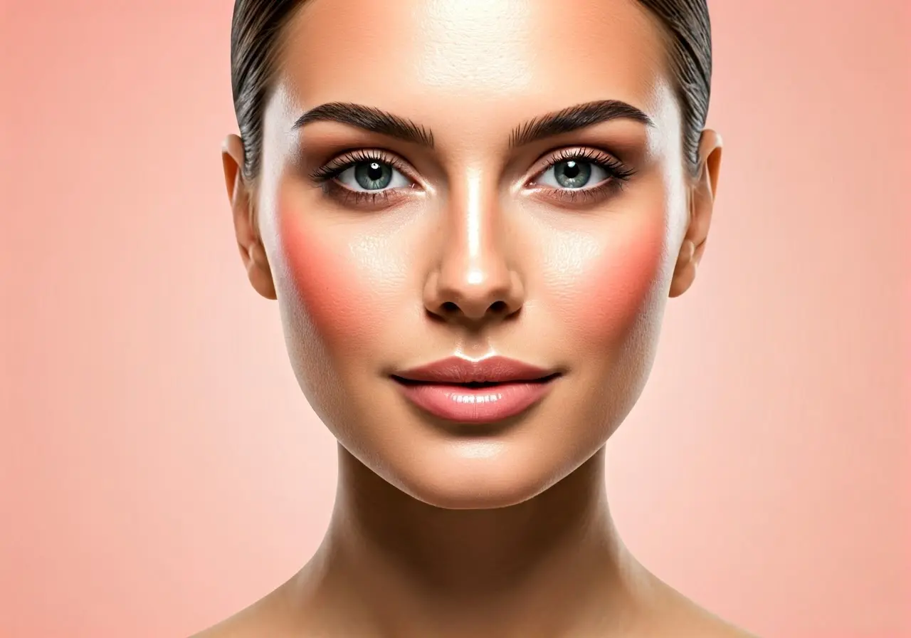 A serene face with enhanced cheekbones and glowing skin. 35mm stock photo