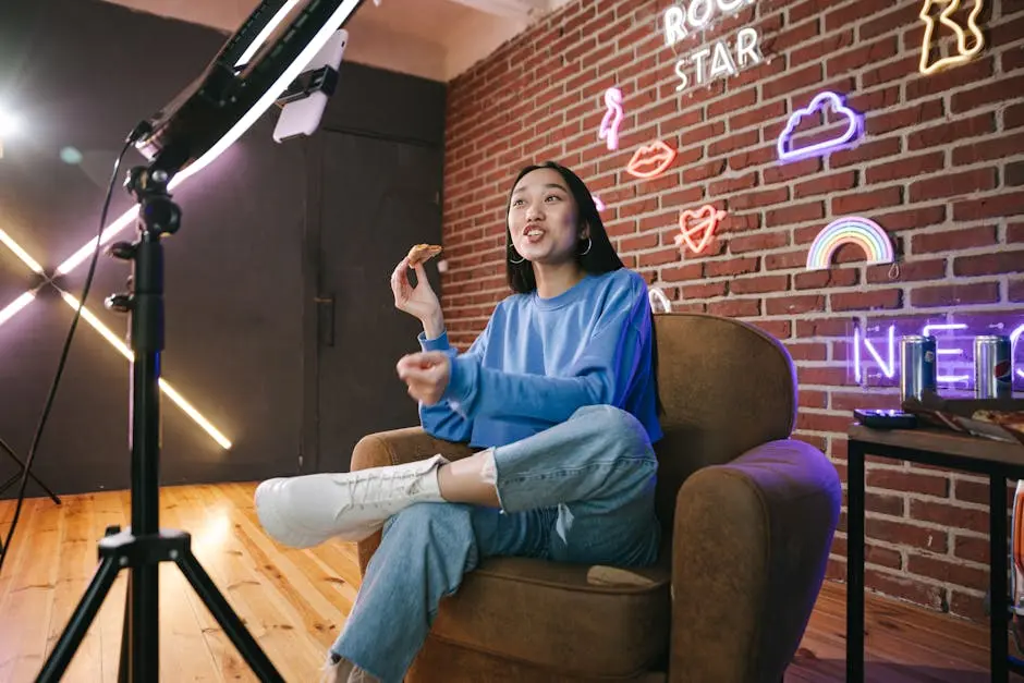 Young Asian woman streaming live indoors with neon lights, engaging audience through technology and creative content.