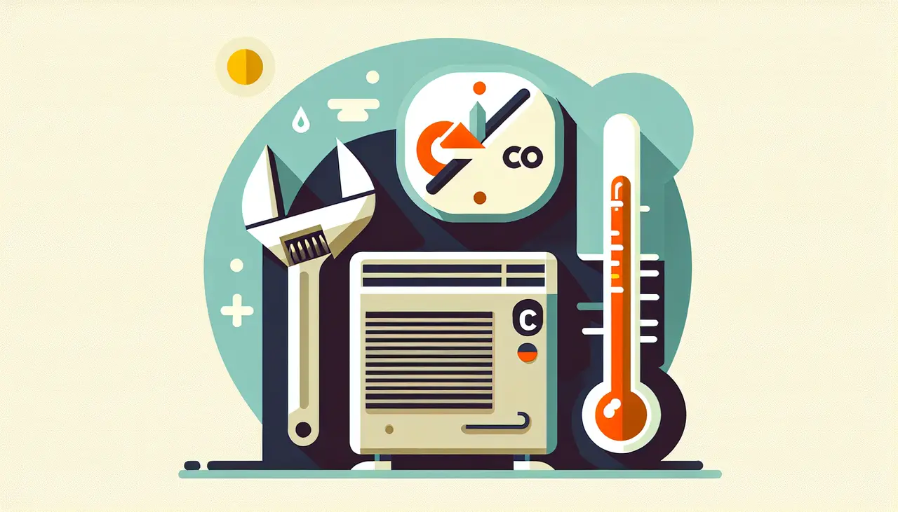 Draw a graphic in flat design style. A flat design style illustration of an air conditioning unit with a wrench and a thermometer, symbolizing repair and temperature control in Centennial, CO, with simple geometric shapes and a minimalist background.