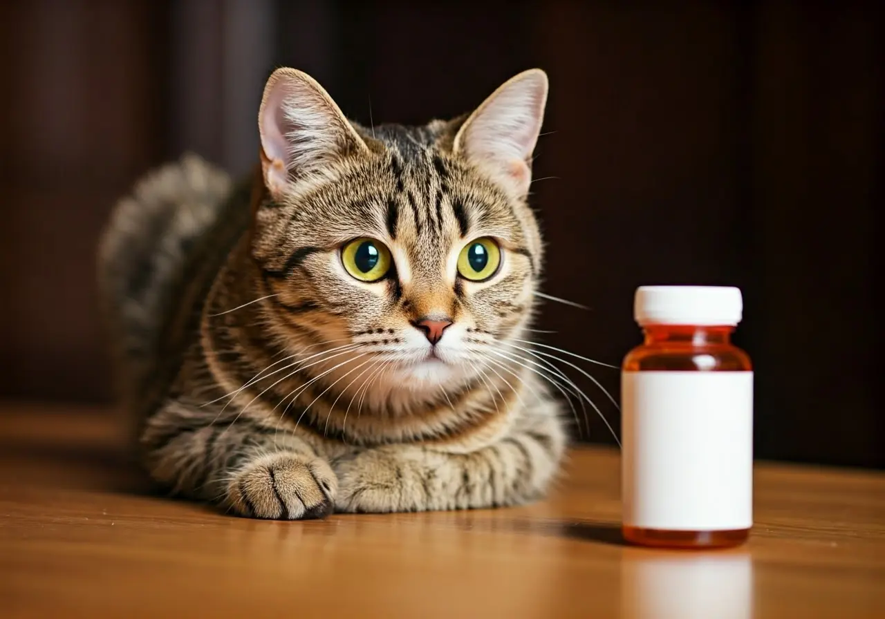 A concerned cat looking at a pill bottle. 35mm stock photo