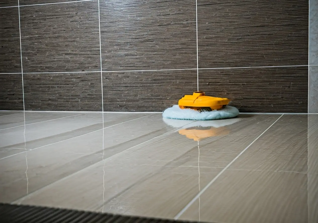 Shiny tiles being cleaned with professional equipment. 35mm stock photo