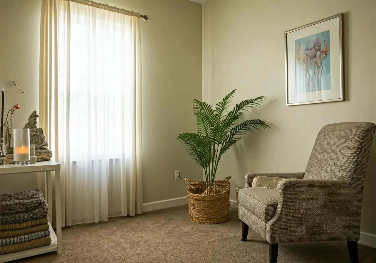 A serene therapist’s office with calming decor elements. 35mm stock photo