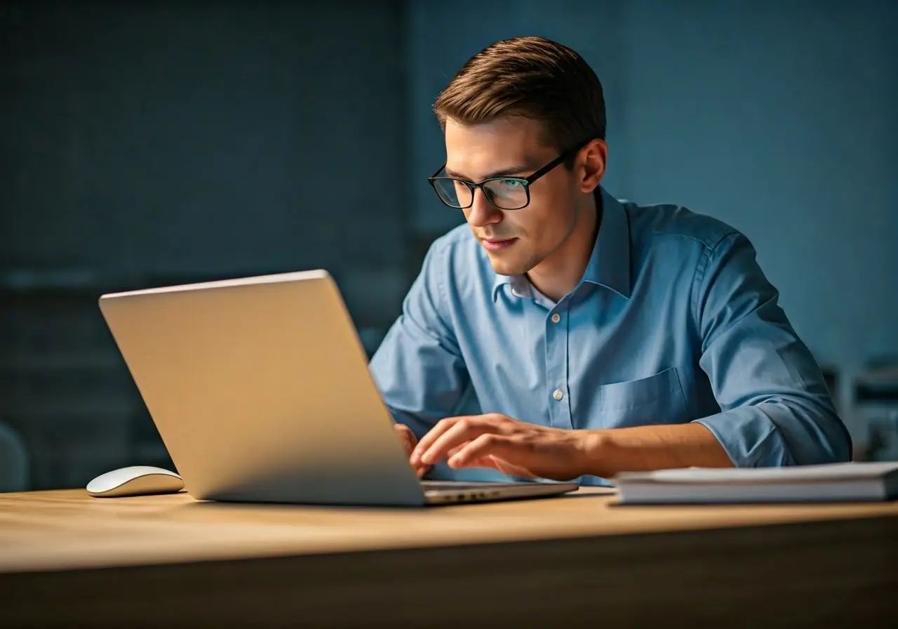 A computer technician fixing a laptop in a small office. 35mm stock photo