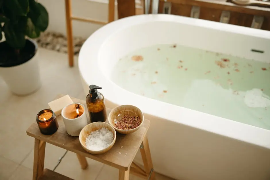 Relaxing bath scene featuring candles, rose petals, and essential oils for a tranquil spa experience.