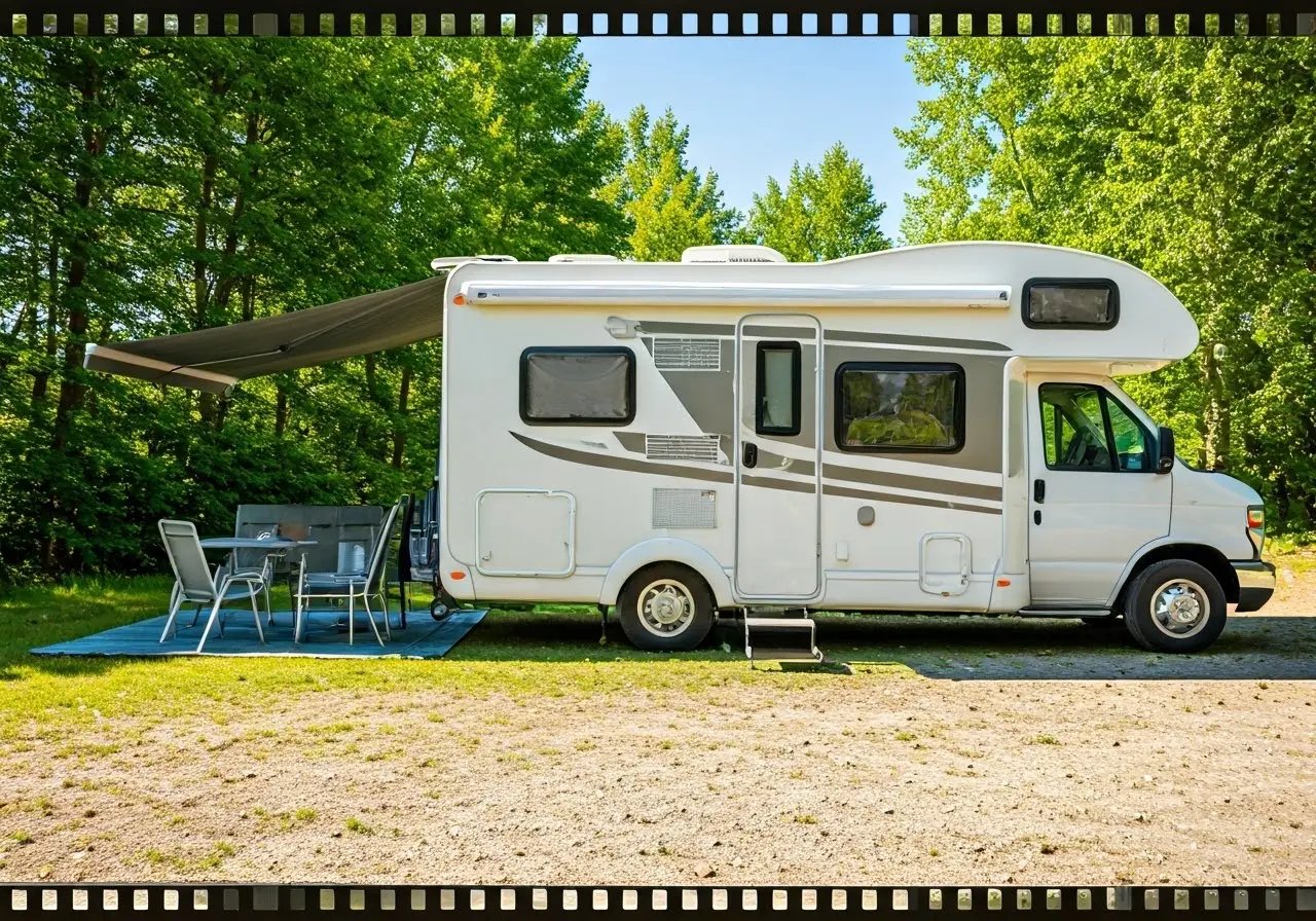 RV with various accessories in a scenic campsite. 35mm stock photo