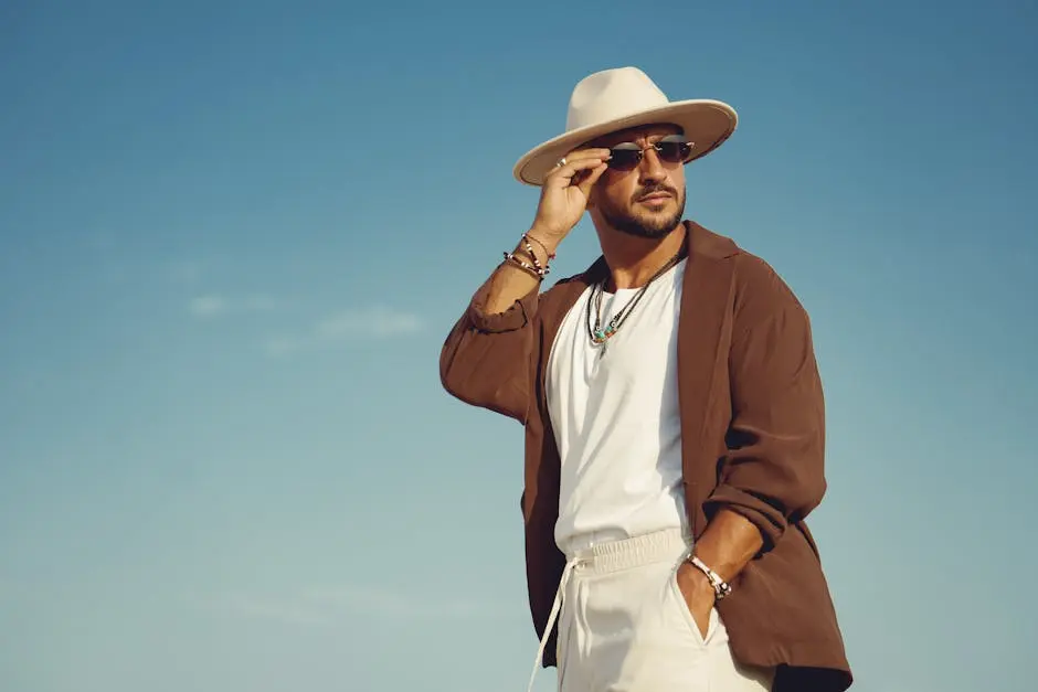 Sophisticated man in fashion attire posing outdoors, exuding confidence under bright sunlight.