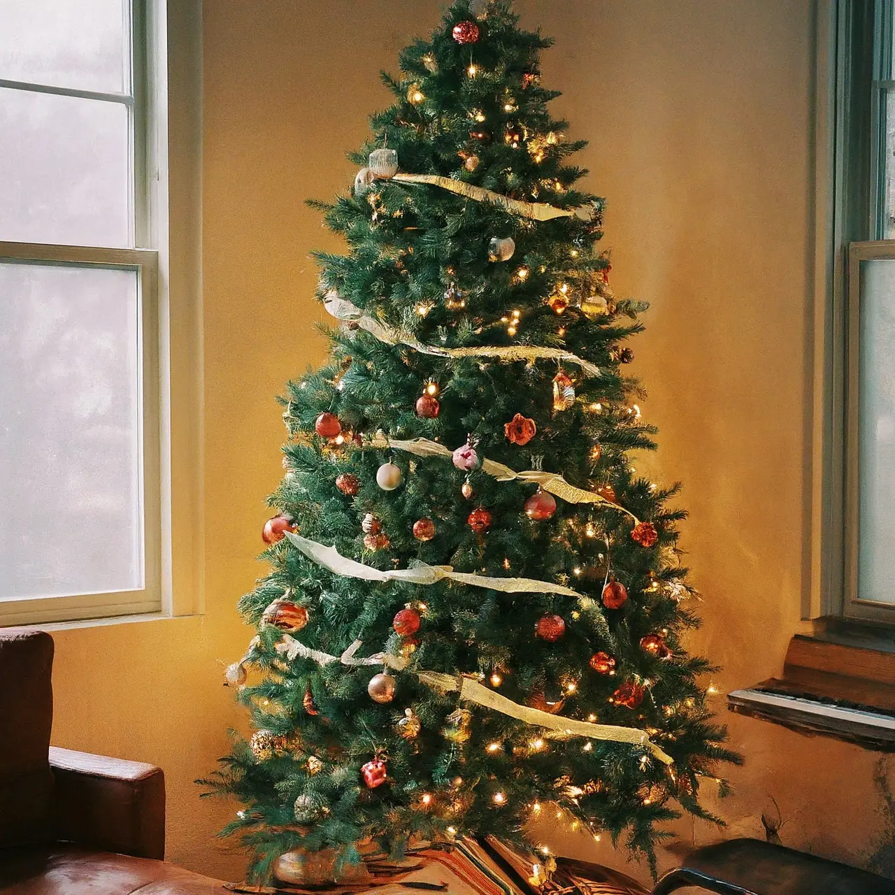 A beautifully decorated Christmas tree in a cozy living room. 35mm stock photo