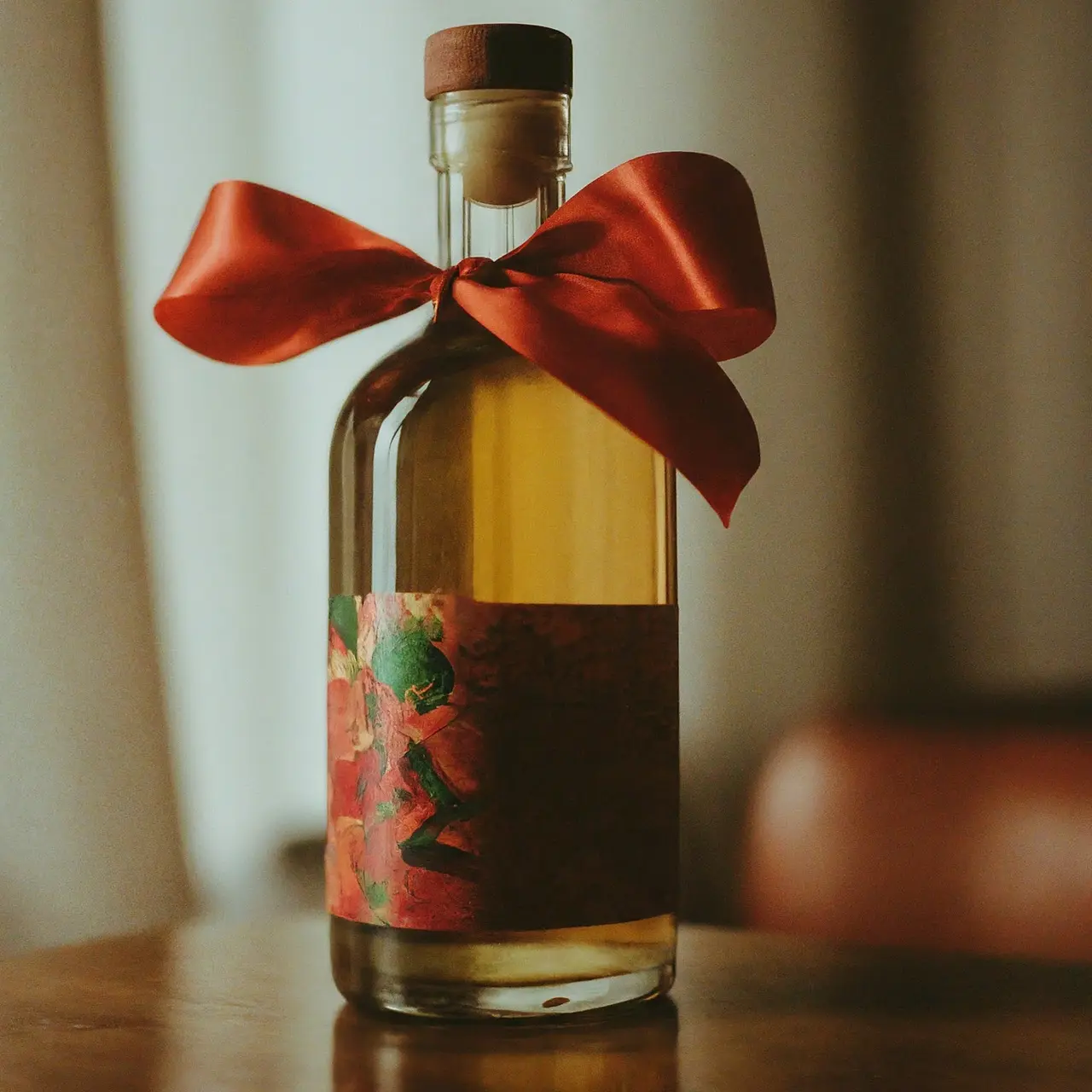 A beautifully wrapped bottle of tequila with a bow. 35mm stock photo