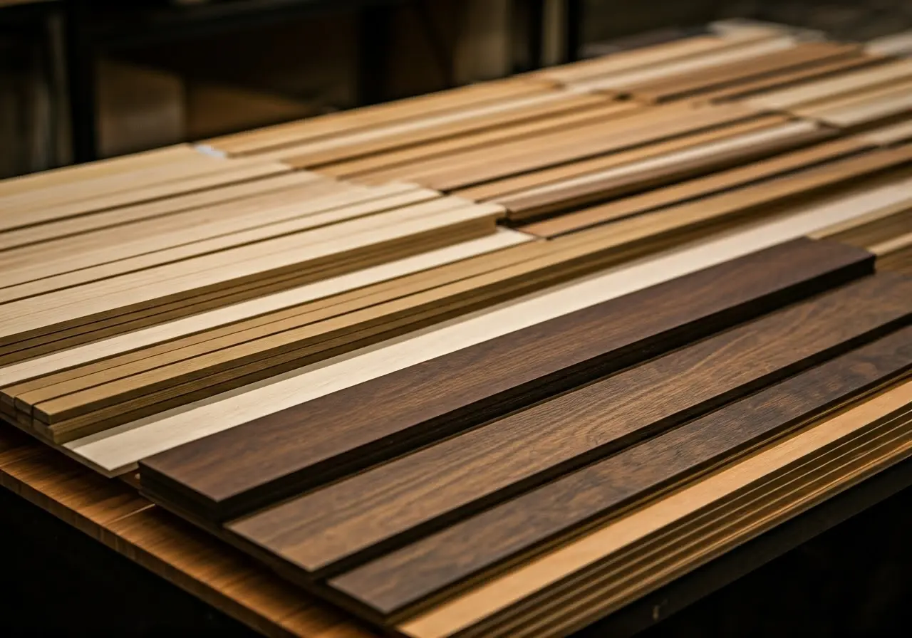 A variety of wood samples neatly organized on a table. 35mm stock photo