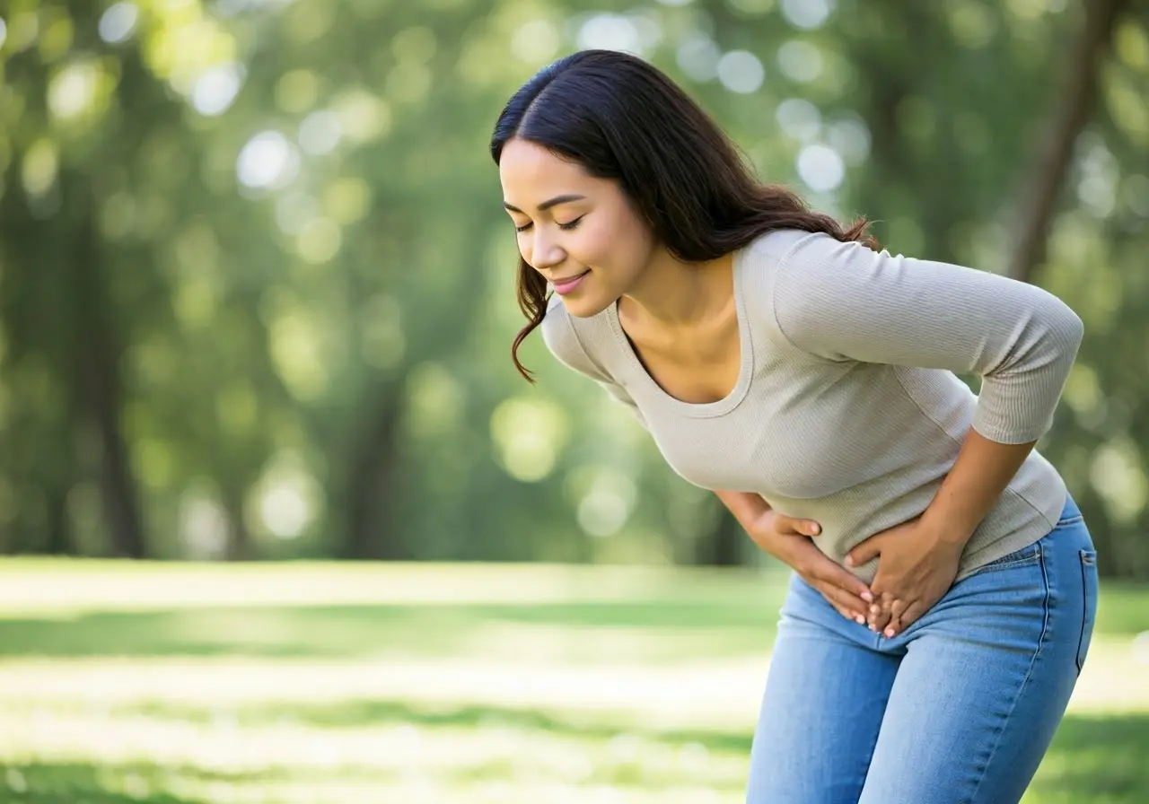 A woman holding her lower abdomen in a peaceful setting. 35mm stock photo