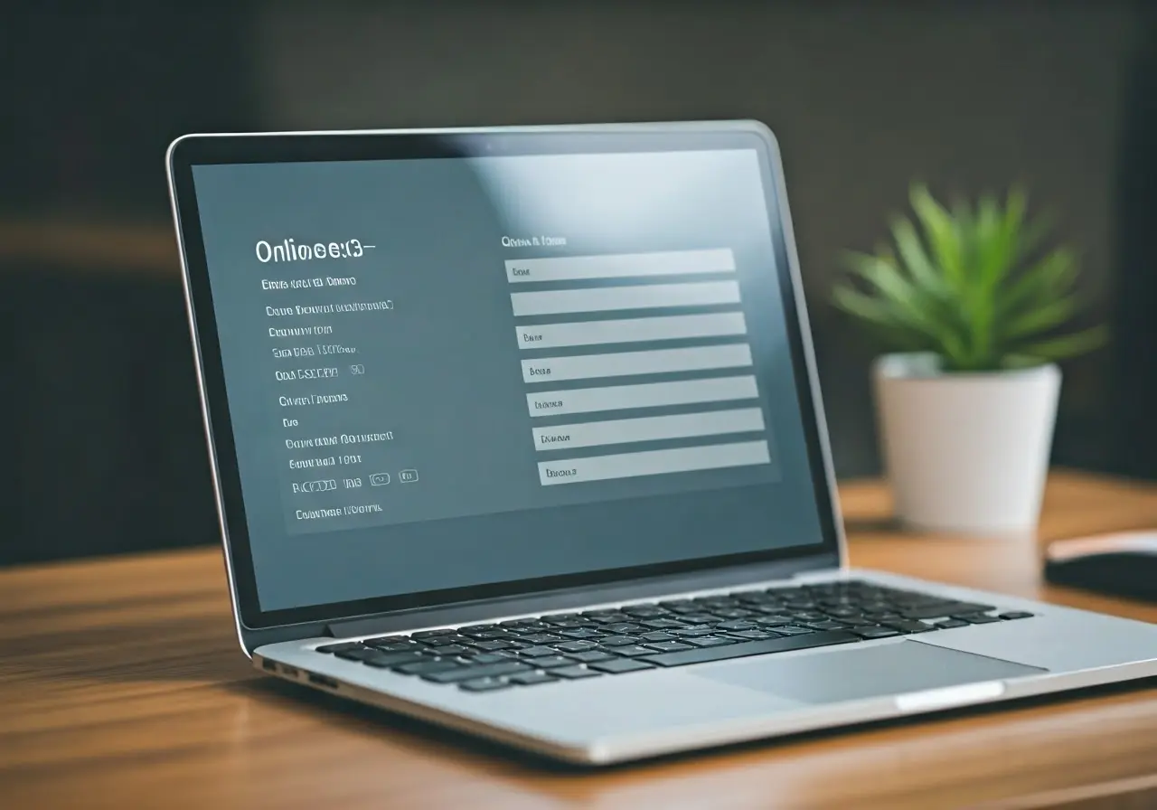 A laptop displaying an online form on a tidy desk. 35mm stock photo